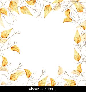 Herbstrahmen in Aquarellfarben mit goldenem Baumstamm. Skizze mit der Hand auf weißem Hintergrund isoliert zeichnen. Für Designer, Dekoration, Shop, für Postfach Stockfoto