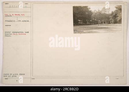 Pvt. J. W. Beach hat dieses Foto vom Hauptquartier der Number Nurses im Basiskrankenhaus Nr. 1 in Bordeaux, Frankreich, während des Ersten Weltkriegs aufgenommen. Das Bild wurde am 28. August 1918 aufgenommen. Es wurde von der A.E.P. genehmigt Zensor, aber das genaue Ausstellungsdatum wird nicht angegeben. Stockfoto