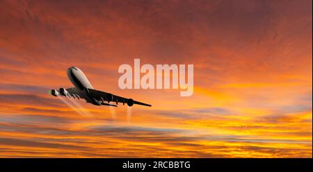 Gewerbliche Passagierflugzeuge, die über den Wolken im Sonnenlicht fliegen. Stockfoto