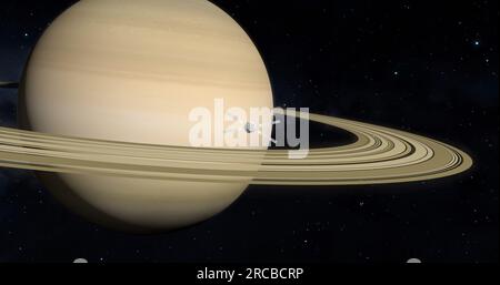 Raumschiff vor dem Planeten Saturn. Weltraumforschung. Stockfoto