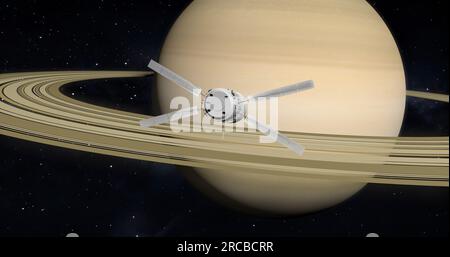 Raumschiff vor dem Planeten Saturn. Weltraumforschung. Stockfoto