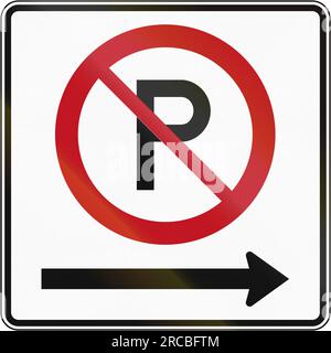 Kanadisches Straßenschild - kein Parkplatz auf der rechten Seite. Dieses Zeichen wird in Quebec verwendet. Stockfoto