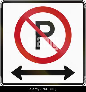 Kanadisches Straßenschild - Parken in beiden Richtungen nicht möglich. Dieses Zeichen wird in Quebec verwendet. Stockfoto