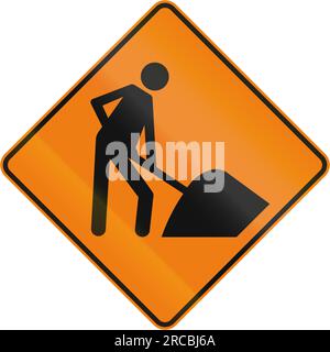 Temporäres Warnschild in Kanada - Arbeiter auf der Straße voraus. Dieses Zeichen wird in Quebec verwendet. Stockfoto