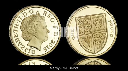 2015 eine-Pfund-Münze mit dem Shield-Design und dem 4. Münzporträt von Königin Elizabeth II. Auf der Vorderseite von Ian Rank Broadley Stockfoto