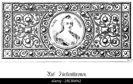 Maria Theresa, Porträt, Zierrahmen, Kaiserin, Österreich, Von vorne, wichtige Frau, 18. Jahrhundert, historische Illustration 1894 Stockfoto