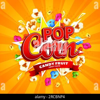 Cartoon-Film Farbe Popcorn Burst, Popcorn Snack Explosion, Vektorhintergrund. Kino-Poster mit Popcorn- oder Kinofilmbar-Poster, Popcorn mit süßem Fruchtgeschmack explodieren für Produktpakete Stock Vektor