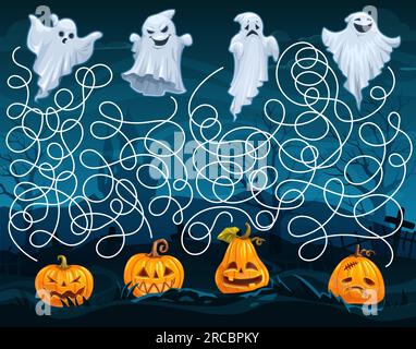 Halloween-Kinder Labyrinth Labyrinth, hilf Geistern, Kürbisse zu finden. Vector-Brettspiel-Arbeitsblatt mit lustigen Trickfilmen und Jack-Laternen. Boardgame mit verworrenen Pfaden, Start und Ende, Rätselaufgabe Stock Vektor