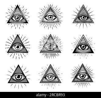 Illuminati-Augen mit Mauerpyramiden. Dreieckssymbole mit allen sehenden Augen Gottes und glorreichen Lichtskizzen. Vektorgravierungstattoo, okkulte, esoterische Religion und Alchemie-Magie-Amulette Stock Vektor