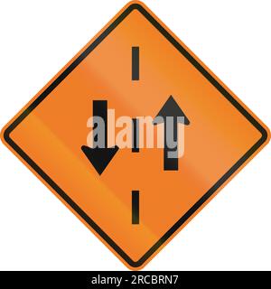 Temporäres Warnschild in Kanada - Gegenverkehr. Dieses Zeichen wird in Ontario verwendet. Stockfoto