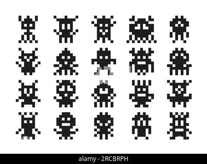 Pixelmonster, Spielfiguren von Vektorwesen, Eindringlingen, Robotern, Viren oder Trolle. 8-Bit-Pixel-Kunstfiguren von Retro-Computer und Videospielen mit lustigen Gesichtern und Tentakeln Stock Vektor