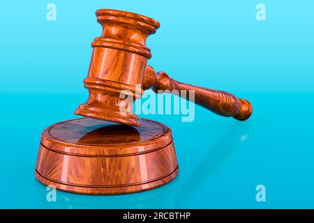 Holzhammer, 3D-Rendering auf blauem Hintergrund Stockfoto