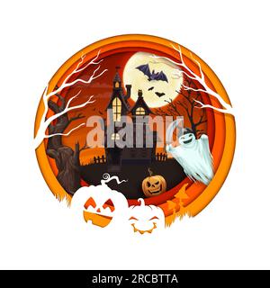 Halloween-Burg mit Papierschnitt und Zeichentrickfiguren. Vektorhintergrund mit 3D-Effekt rundes Paperut-Gestell, Amanita und Kürbis, Spukhaus, Bäume, Fledermäuse, mond und lustiger Pirat spuken nachts Stock Vektor