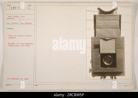 Ein am 28. Februar 1919 aufgenommenes Foto mit einer Standbild- und beweglichen Kamera, insbesondere der Eastman 5-7 Press Graflex. Die Kamera wird in einer offenen Seitenansicht dargestellt. Der Fotograf wird identifiziert als S.C. Tyrell und das Foto wurden am 18. März 1919 aufgenommen und nur zur amtlichen Verwendung herausgegeben. Bildunterschrift: „Kameraausrüstung im Ersten Weltkrieg“ Stockfoto