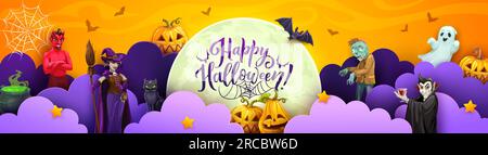 Halloween-Banner mit Papierschnitten und Zeichentrickfiguren. Vektordesign mit 3D Papercut-Wolken, Geist, Zombie, Vampir, Hexe, Teufel und Kürbis, schwarze Katze, Fledermäuse und Vollmond bei Nacht, orangefarbener Himmel mit Sternen Stock Vektor