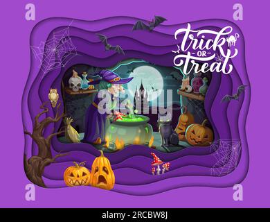 Halloween-Banner mit Papierschnitt. Cartoon-Hexe und Höhle mit Zaubertrank und Kürbissen. Vector Holiday Papercut Doppelausstellung mit Rahmen im 3D-Effekt, alte Hexe mit Kessel, Katze und Nachtschloss Stock Vektor