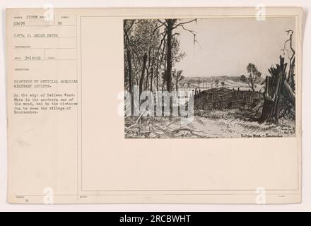 Amerikanische Soldaten standen während des Ersten Weltkriegs am Rande des Belleau Woods. In der Ferne sind die Dörfer von Bouresches zu sehen. Dieses Foto wurde von Captain J. Andre Smith gemacht, einem Fotografen des amerikanischen Militärs. Es ist eine von mehreren offiziellen Zeichnungen amerikanischer Militärkünstler, die militärische Aktivitäten während des Krieges dokumentieren. Stockfoto