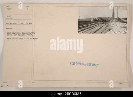 21. Grand Div Transportation Corps, Camp Pullman, Frankreich. Das Foto zeigt eine Ansicht der Etat-Hauptlinie in der Nähe von Aytre. Das Foto wurde am 13. November 1918 aufgenommen und die Beschreibung wurde am 15. Juli 1919 herausgegeben. Dieses Bild ist mit Nummer 58035 S.C. beschriftet Fotograf Reco. Sie enthält Hinweise mit der Bezeichnung „NUR FÜR AMTLICHE ZWECKE“. Stockfoto