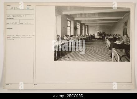 Chirurgische Station im Camp Hospital #24 in Langres, Haute Marne, Frankreich. Das Foto wurde am 3. Januar 1919 von Sgt. Villanova, S.C. aufgenommen. Es ist Subjekt 45068 in den Aufzeichnungen des Fotografen. Das Bild zeigt das Innere der Operationsstation und ihre Umgebung im Krankenhaus. Stockfoto