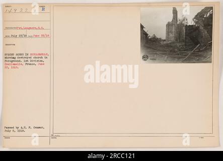 Eine Straßenszene in Coullemelle, Frankreich, mit einer zerstörten Kirche im Vordergrund. Dieses Foto wurde am 22. Juni 1918 von Pvt. Longacre, S. C. aufgenommen. Es gehört zur 1. Division und wurde am 8. Juli 1918 vom 4. E. F. Censor übergeben. Bild wird unter #nase Notes ausgegeben.' Stockfoto