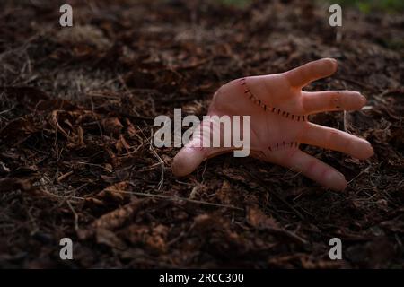 Realistische menschliche Hand oder ein Ding mit Narben und Stichen. Mittwoch-Addams-Filmkonzept. Stockfoto