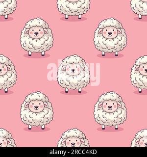 Nahtloses Vektormuster mit lustigem, süßem Schaf auf pinkfarbenem Hintergrund. Cartoon Sheep Nahtlose Textur, Textil, Tapetendesign für Kinder. Nahtlose Textur Stock Vektor