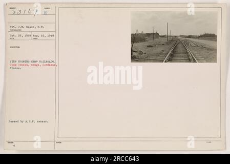 Pvt. J.W. Der Strand der USA Die Armee ist in Camp Beneau, Souge, Bordeaux, Frankreich abgebildet. Das Foto wurde am 19. August 1918 aufgenommen und zeigt das Eisenbahnsystem des Lagers. Es wurde vom A.E.F.-Zensor genehmigt und ist Teil der Kollektion mit der Bezeichnung SUBIECT 23169. Stockfoto