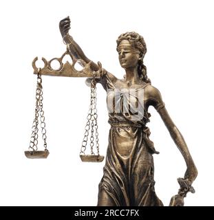 Die Statue von Lady Justice, isoliert auf Weiß. Symbol für faire Behandlung nach dem Gesetz Stockfoto