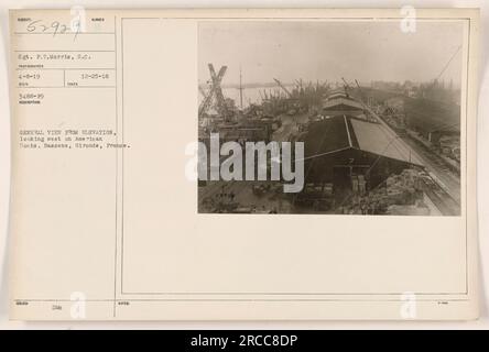 Bild mit allgemeiner Ansicht von einer erhöhten Position der amerikanischen Docks in Bassens, Gironde, Frankreich. Das Foto wurde am 25. Dezember 1918 aufgenommen. Sergeant F.T. Morris, S.C. wird als Fotograf anerkannt. Das Bild wurde am 8. April 1919 empfangen und ist als Nummer 52929 katalogisiert. Stockfoto