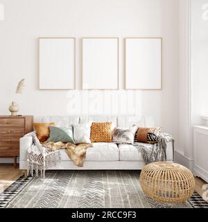 Rahmenmodell im Innenraum, ISO A-Papierformat. Wandposter im Wohnzimmer, Mockup. Moderner Innenhintergrund. 3D-Rendering Stockfoto