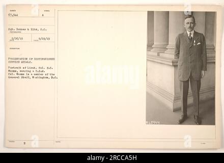 Herr. Oberst F.C. Weems, ein Mitglied des Generalstabs in Washington, D.C., wird in diesem Porträt mit einer Distinguished Service Medal (DSM) gesehen. Das Bild zeigt eine symbolische Präsentation der Medaillen, die ihre Bedeutung während des Ersten Weltkriegs widerspiegelt. Fotografiert von Sergeant Bonner & Hitz, trägt sie die Ausweisnummer 63944 und wurde am 26. Februar 1919 aufgenommen, mit einem Folgefoto am 19. September 1919. Stockfoto