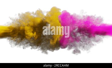 Orangefarbener und rosafarbener Rauch stoßen auf einen weißen Hintergrund. 3D Abbildung. Stockfoto
