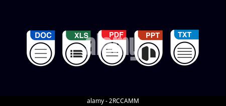 Symbolgruppe für Dateityp. Beliebtes Dateiformat und Dokument im flachen Design. Format und Erweiterung der Dokumente. Satz von Grafikvorlagen Stockfoto