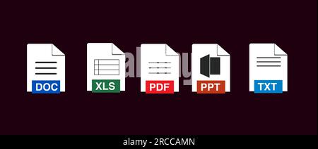 Symbolgruppe für Dateityp. Beliebtes Dateiformat und Dokument im flachen Design. Format und Erweiterung der Dokumente. Satz von Grafikvorlagen Stockfoto