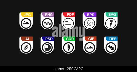 Symbolgruppe für Dateityp. Beliebtes Dateiformat und Dokument im flachen Design. Format und Erweiterung der Dokumente. Satz von Grafikvorlagen Stockfoto