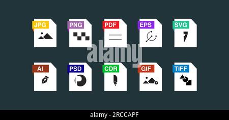 Symbolgruppe für Dateityp. Beliebtes Dateiformat und Dokument im flachen Design. Format und Erweiterung der Dokumente. Satz von Grafikvorlagen Stockfoto