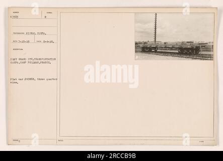 Ein Foto von 21. Grand Division Transportation Corps in Camp Pullman, Frankreich. Das Bild zeigt einen flachen Wagen mit der Nummer 80868, aufgenommen am 4. August 1918. Das Beschreibungssymbol ist E. das Foto ist am 15. Juli 1919 eingegangen und wurde mit den Hinweisen ausgegeben: C-Flachwagen Nr. 80868, Dreiviertelansicht. Stockfoto