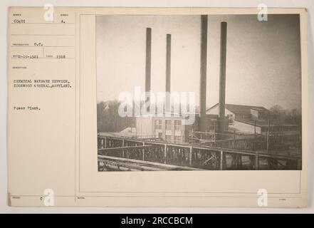 Das Bild zeigt ein Kraftwerk im Edgewood Arsenal in Maryland, das während des Ersten Weltkriegs zum Chemical Warfare Service gehört. Die Kennung des Werks lautet „SUNSER 60401“ und wurde von S.C. fotografiert In der Beschreibung wird erwähnt, dass das Foto im Jahr 1918 aufgenommen wurde. Das Bild war Teil einer Sammlung mit der Bezeichnung REC82-19-1921. Das Anlagenlogo enthält das Symbol für den Chemical Warfare Service. Das Bild wurde von A.C. Noteb und trägt den Code 060401. Stockfoto