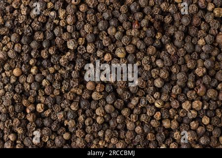 Textur der schwarzen Pfefferkörner im Nahbereich, Gewürze oder Gewürze als Hintergrund Stockfoto