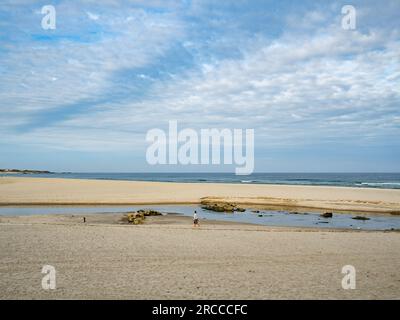 Man sieht eine Frau, die an einem einsamen Strand spaziert. Die Küstenstraße des portugiesischen Camino ist eine schöne Alternative zu Fuß zur Central Route. Die Gesamtstrecke beträgt 280 km Sie beginnt in Porto und folgt der Küste bis Redondela in Spanien, wo sie mit der Central Route verschmolzen wird. Etwa 30 % der Pilger, die den portugiesischen Camino vollenden, gehen entlang der Küstenstraße. Der portugiesische Camino wird immer beliebter, und viele Pilger wählen diese Route als Alternative zu den Camino Frances. (Foto: Ana Fernandez/SOPA Images/Sipa USA) Guthaben: SIPA USA/Alamy Live News Stockfoto