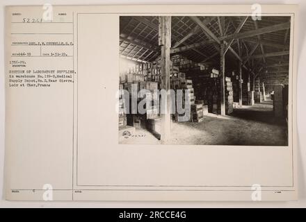 Laborbedarf in Lagerhaus Nr. 119-G, Medical Supply Depot Nr. 2 bei Gievre, Loire et Cher, Frankreich. Das Foto wurde von Sot gemacht. J. W. Crunelle und hat die Nummer 52261. Die Abbildung zeigt einen Abschnitt mit Laborbedarf. Das Foto wurde am 31. Januar 1919 aufgenommen. Stockfoto