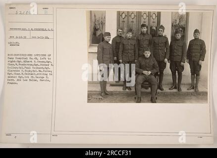 Nicht kommissionierte Offiziere des Lagerkrankenhauses Nr. 45, Aix les Bains, Savoie, Frankreich. Auf dem Foto sehen Sie von links nach rechts Sergeant Albert E. Cross, Sergeant Chas W. Penderson, Sergeant Sidney E. Kelley, CPL. Paul Heckard, Sgt. Clarence H. Cook, CPL. WIN. Porce und im Zentrum Sgt. 1. Cl. George H. Derr. Foto aufgenommen am 21. Januar 1919. Stockfoto