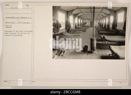 Kasernen von Angehörigen des Lagerkrankenhauses Nr. 45. Aix les Bains, Savoie, Frankreich. Das Foto wurde am 19. Februar 1919 von Fotograf EGT aufgenommen. J. W. Crunelle. Es wurde unter der Beschreibungsnummer 1196-F9 ausgestellt. Das Bild zeigt die Baracken, in denen das Personal des Lagerkrankenhauses Nr. 45 untergebracht war. Dieses Foto trägt die Begleitvermerke Nr. 52,163 und 900. Stockfoto