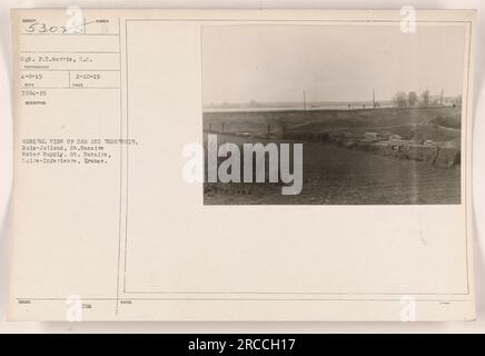 Dieses Foto zeigt einen allgemeinen Blick auf den Staudamm und das Reservoir in Bois-Jolland, das St. Nazaire in Loire-Inferieure, Frankreich. Das Bild wurde am 8. April 1919 von Sgt. F.T. Morris vom Signalkorps. Es wurde mit der Nummer 3584-F9 ausgestellt und am 10. Februar 1919 aufgenommen. DMC (Department of Military Zensorship) stellt fest, dass es die Nummer 3025 ist. Stockfoto