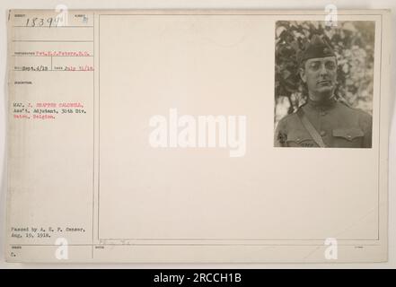 Bildunterschrift: "Major J. Shadapter Caldwell, stellvertretender Adjutant der 30. Division, am 31. Juli 1918 in Watou, Belgien, fotografiert. Dieses Bild hat die Nummer 18399 in der Serie und wurde von Pvt. E.J. aufgenommen Peters, S.C. Es wurde von der A.E.F. freigegeben Zensor am 19. August 1918." Stockfoto