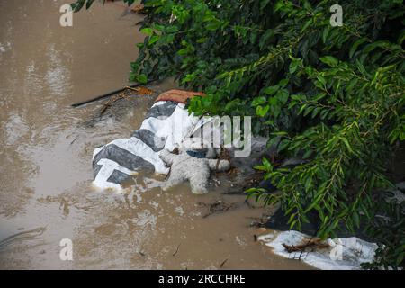 Neu-Delhi, Indien. 12. Juli 2023. Ein Stofftier liegt im überfluteten Wasser, nachdem der Yamuna-Fluss nach heftigen Monsunregen in Neu-Delhi gestiegen ist. Der Wasserstand von Yamuna in Delhi erreicht eine einmalige Höhe von 207,55 Metern. Die Regierung warnte vor Überschwemmungen und bat die Bewohner des Flussbetts und der tief liegenden Gebiete, ihre Häuser zu evakuieren. Kredit: SOPA Images Limited/Alamy Live News Stockfoto