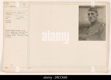 Bild von Bugler Edward McGee, Empfänger des Distinguished Service Cross (D.S.C.) aus der 178. Brigade, 89. Division. Das Foto wurde am 6. Januar 1919 in Prum aufgenommen. LT. Paul W. Cloud von S.C. wird als Fotograf identifiziert. Stockfoto
