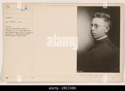 Zweiter Leutnant Henry G. Johnson von Co C, 121. Maschinengewehrbataillon, wurde am 4. Oktober 1918 während der Maas-Argonne-Offensive im Einsatz getötet. Dieses Foto wurde vom Fotografen SYMBO am 1. August 1919 aufgenommen und zeigt Leutnant Johnson. Die diesem Bild zugewiesene Nummer ist 61290. Sie ist mit „NUR ZUR AMTLICHEN VERWENDUNG“ gekennzeichnet. Stockfoto