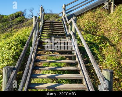 Treppen, die nach oben schauen, führen vom Strand zur Landzunge Stockfoto