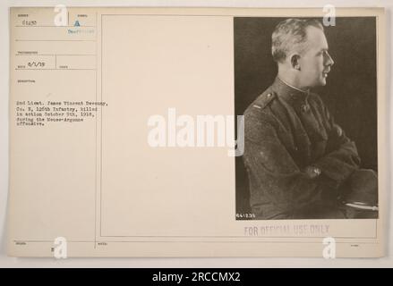 2. Lieut. James Vincent Devenny, Mitglied von Co E, 126. Infanterie, die am 9. Oktober 1918 während der Maas-Argonne-Offensive getötet wurde. Dieses Foto wurde an einem unbekannten Datum aufgenommen. Das Foto wurde als INOFFIZIELL eingestuft und trägt die Identifikationsnummer 61230. Stockfoto